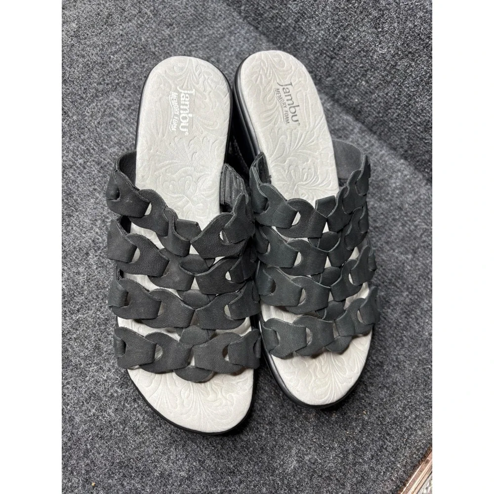 Jambu Romance Black Leather Laser Cut Wedge Slide Sandals Womens 10M Memory Foam